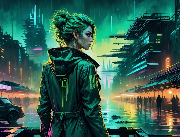 (a girl with a beautiful face), nighttime, cyberpunk city, dark, raining, neon lights ((,Wearing a blazer over a hoodie)), blazer, hoodie, (<lora:DieselPunkAI:0.5> dieselpunkAI ,<lora:DFunk_SDXL:0.5> ), cyberpunk, synthwave, 1980s, futurism, brutalism, neuromancer, cinematic photo in an atol, Radial balance, Sunrise, Water, Ellipse, ultra detailed, intricate,,looking back at the viewer over her shoulder,,((art by Johan Jongkind)),detailed hair, long hair, green hair,art by Jakub Rozalski, 1920+ Poland