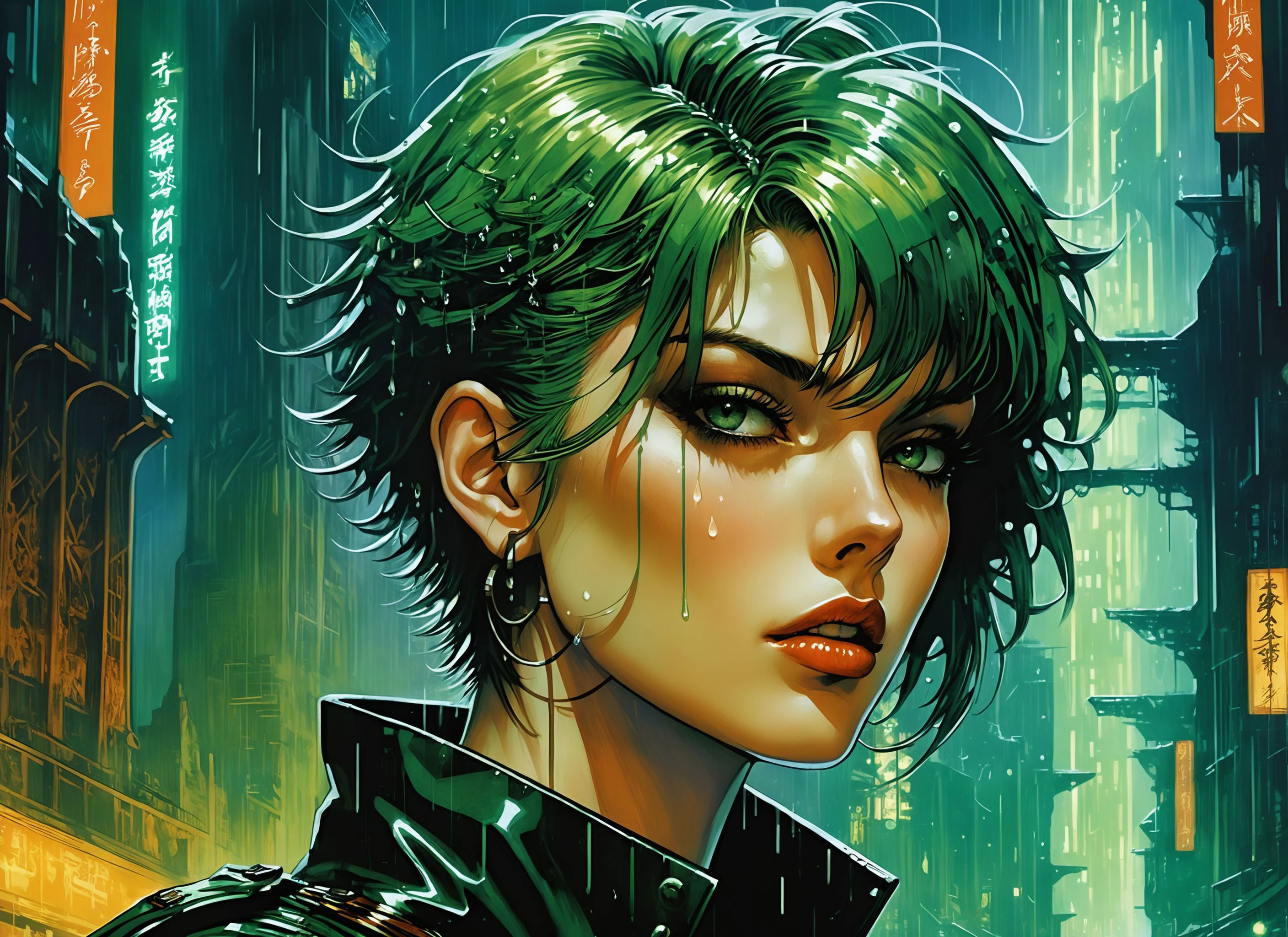 (a girl with a beautiful face), nighttime, cyberpunk city, dark, raining, neon lights , (<lora:DieselPunkAI:0.5> dieselpunkAI ), cyberpunk, synthwave, 1980s, futurism, brutalism, neuromancer, cinematic photo in Hogwarts, art by Masamune Shirow, art by J.C. Leyendecker,detailed hair, short hair, green hair