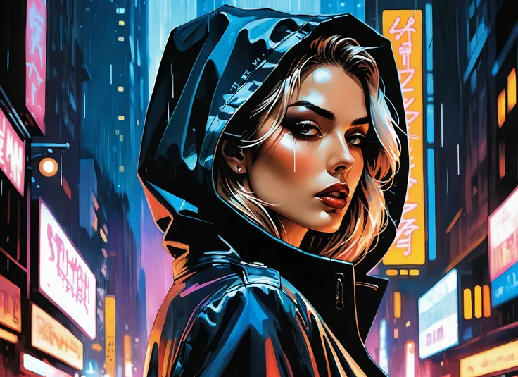 (a girl with a beautiful face), nighttime, cyberpunk city, dark, raining, neon lights ((,Wearing a blazer over a hoodie)), blazer, hoodie, (<lora:DieselPunkAI:0.5> dieselpunkAI ), cyberpunk, synthwave, 1980s, futurism, brutalism, neuromancer, cinematic photo in Boston, up close ready to kiss you,,((art by J. Alden Weir)),art by Masamune Shirow, art by J.C. Leyendecker