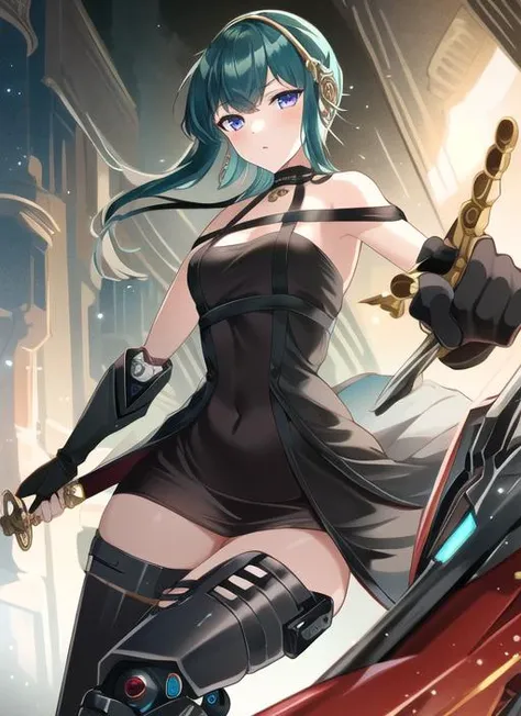 ((best quality)), ((highly detailed)), masterpiece, (detailed eyes, deep eyes), (1girl), <lora:ThornPrincessOutfit:.9>, Thorn Princess Outfit, black dress, thighhighs, ((cyborg)), cybernetics, robot limbs, (chrome_(substance)), navel, lights, LEDs, ball-joints, small breasts,holding a sword