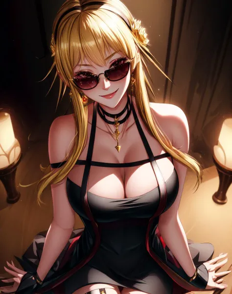 4K, Masterpiece, highres, absurdres,natural volumetric lighting , deep depth of field, sharp focus, soft delicate beautiful attractive face,vandread,blonde Nadia with sunglasses and a choker,smiling at viewer , vandread drawing style, <lora:Dita:0.25> <lora:Nadia:0.35> <lora:zeronis:0.25> 
<lora:add_detail:1>
(Thorn Princess Outfit, black dress:1.1)
 <lora:ThornPrincessOutfit:1>