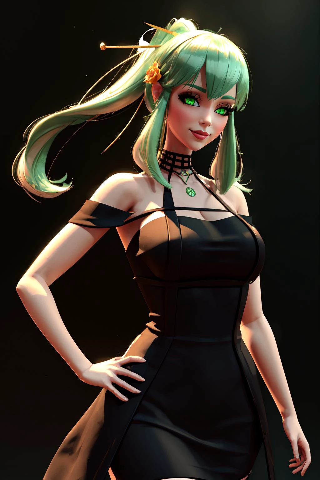 Highly detailed, High Quality, Masterpiece, beautiful, 3d, (Thorn Princess Outfit, black dress:1.1), <lora:ThornPrincessOutfit:1>, 1girl, solo, cowboy shot, light smile, xbox-chan, ponytail, green hair ribbon, <lora:Char_Meme_Xboxchan:0.9>, (detailed face and eyes:1.3)