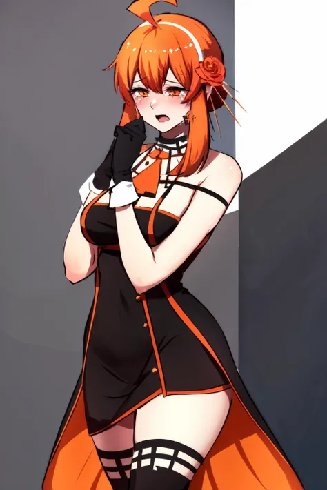 Highly detailed, High Quality, Masterpiece, beautiful, (Thorn Princess Outfit, black dress:1.1), <lora:ThornPrincessOutfit:1>, 1girl, solo, cowboy shot, crying, tears, stadia-chan, huge ahoge, multicolored eyes, ascot, white shirt, orange skirt, white gloves, orange thighhighs, white shoes, <lora:Char_Meme_Stadiachan:0.7>