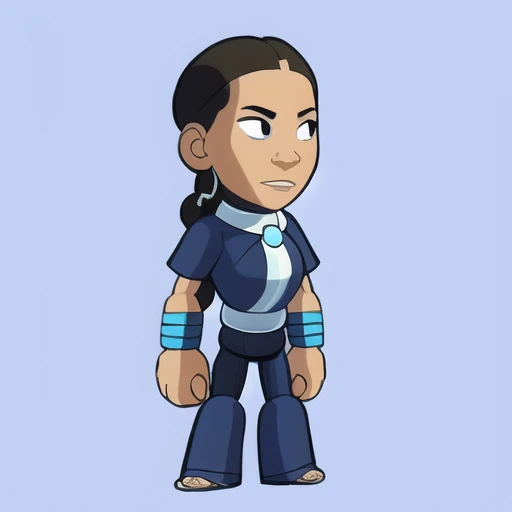 Brawlhalla, (brawlhalla style:1.2), dark skin, dark-skinned female, blue eyes, braid, choker, jewelry, standing, full body, katara <lora:KataraV2:0.8> , centered, simple background