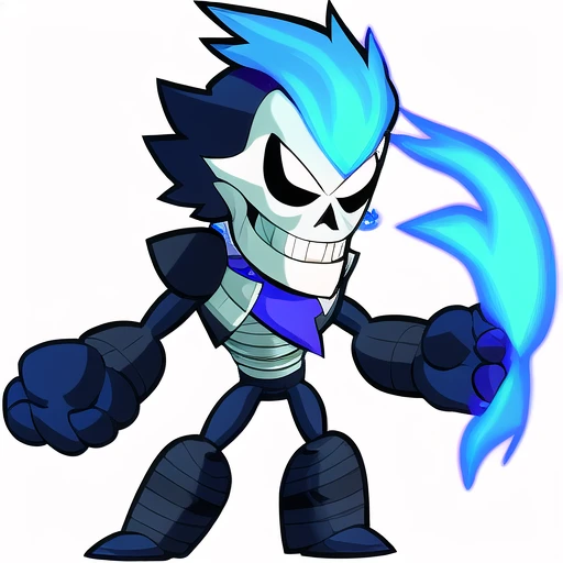 Brawlhalla, (brawlhalla style:1.1), skull face, blue fire, blue eyes, fantastic magical skeleton, simple background