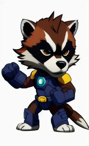 Brawlhalla, (brawlhalla style:1.2),Rocket Raccoon , standing, full body, centered, white background.