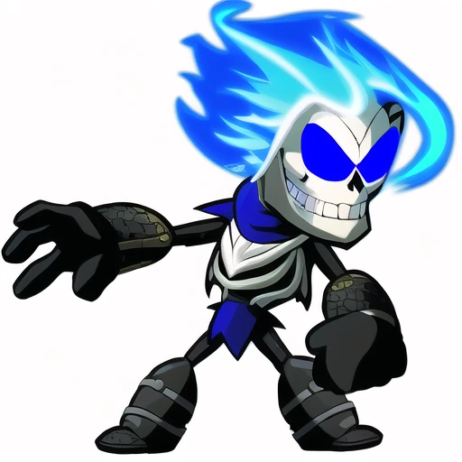 Brawlhalla, (brawlhalla style:1.1), skull face, blue fire, blue eyes, fantastic magical skeleton, simple background