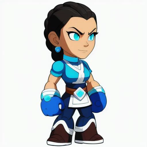 Brawlhalla, (brawlhalla style:1.2),white female , female, blue eyes, braid, choker, jewelry, standing, full body, katara , centered, simple background