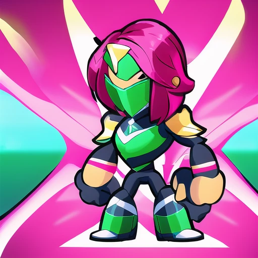 Brawlhalla, brawlhalla style, woman, (long pink hair:1.1), blue eyes, green war clothing, full body, simple background