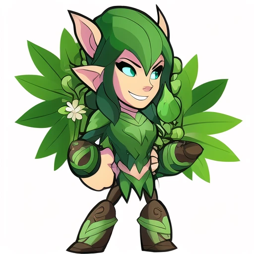 Brawlhalla, (brawlhalla style:1.1), forest elf, pointy ears, green vines, flowers, woman, huge detailed bow, full body, simple background