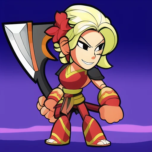 Brawlhalla, (brawlhalla style:1.1), japanese feminine woman, huge detailed axe, full body, simple background