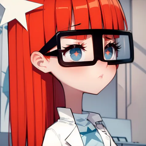 ((masterpiece, best quality)),(complex lighting), solo, 1girl, portrait,Susan test, glasses,long hair,red hair, labcoat,blue eyes,simple background, hair ornament,<lora:susanTest14-10:0.8> ,star logo shirt