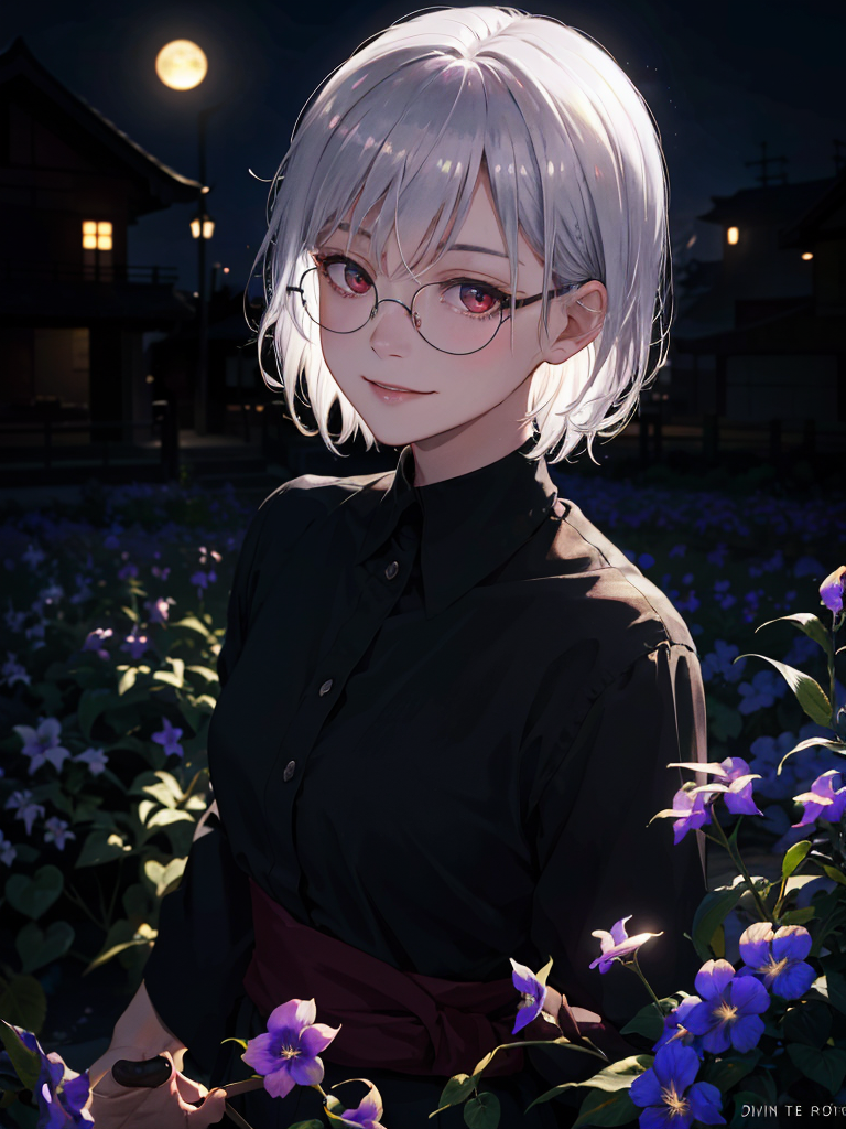 Anime girl with glasses standing in a field of flowers - SeaArt AI