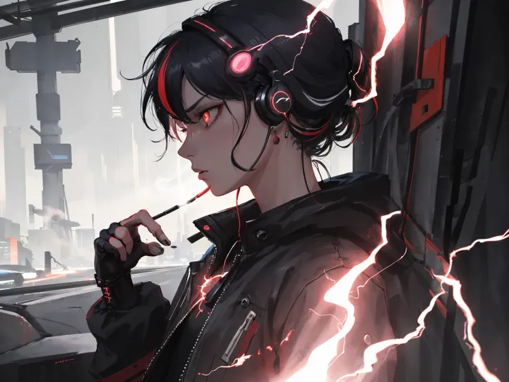 (a cool girl, streaked hair), very detailed, photo, cyberpunk, electricity headset, some pet cat around her neck, earrings, masterpiece, angry, solo, extremely detailed face,cowboy shot, profile, sketch, smoking, foggy, fantasy, surrealism, best quality, glowing ringed eyes