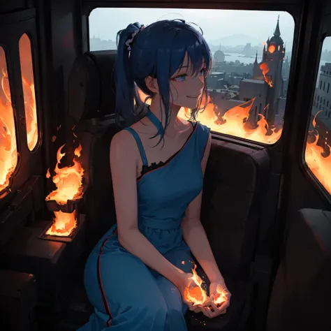 1girl in school bus, (evil smile), eye contact, messy long blue hair, twin ponytails, messy soft hair, masterpiece, best quality, ultra-detailed, evening, dim lighting, cinematic lighting, from above, closed-up, collarbone, qipao dress,fire, skeleton, from side,  <lora:epiNoiseoffset_v2:0.75>, outline, photorealistic, dim lighting