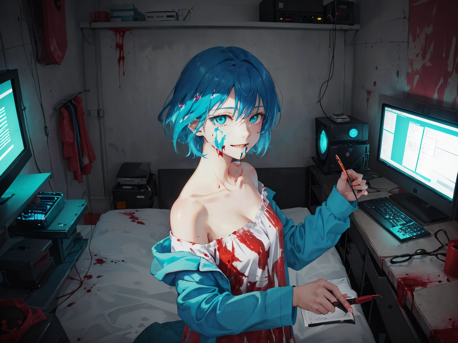 (a cool girl, sidebang), very young, crazy, looking at window, photo, anime stylized art, best quality, ultra-detailed, extremely detailed and intricate face, adorable, shiny hair, short hair, upper hands,( in a girl's room:1.2), ambitious, floating pens, modern style, aqua hair, floating bed, floating hair, wallpaper, 16K HDR, wind blow, upper body, pajamas, off shoulder, from above, <lora:epiNoiseoffset_v2:0.85>, collarbone, (glowing computer screen), blurry, fantasy, dim lighting, night, blood on face, from back, looking back, scar over skin, demon biting, evil smile, <lora:yoneyamaMaiStyle_yoneyamaMaiV2Locon:0.3>, dark, cyberpunk