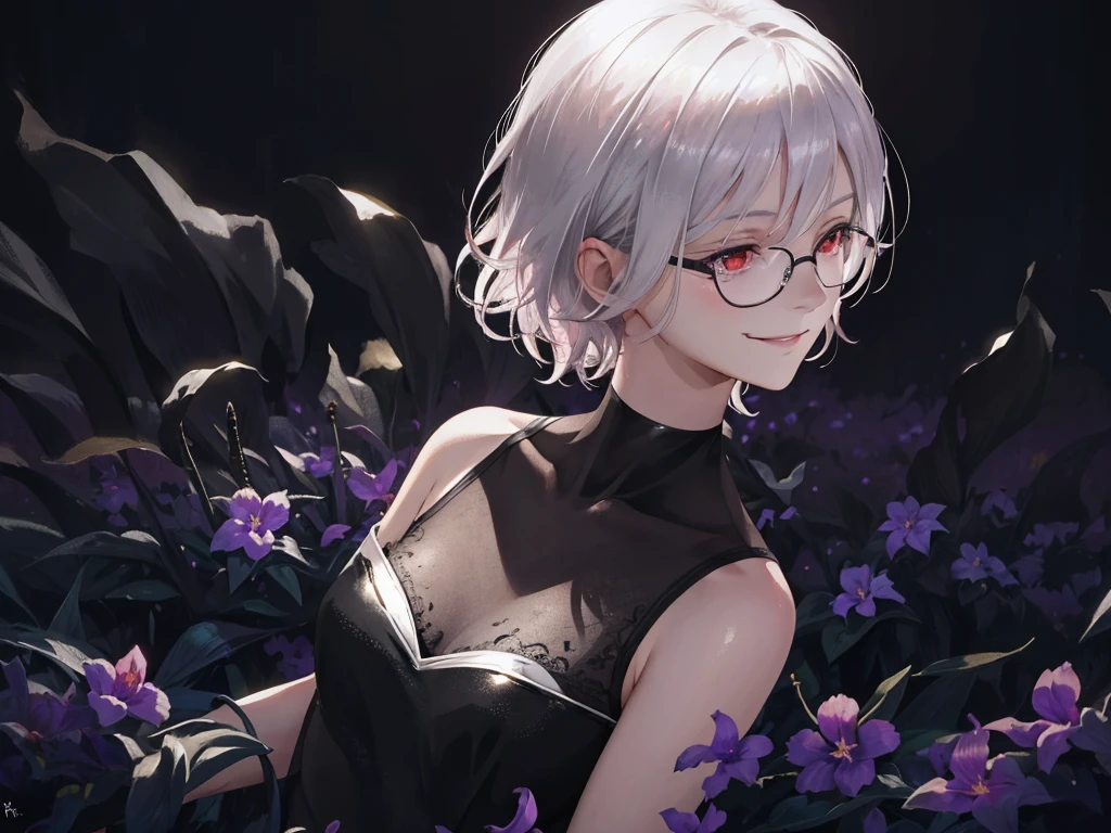 1 girl standing on violet flower field with casual black dress, eye contact, dim lighting, sparkling and glowing red eyes, very short messy hair, silver hair, perfect body,smirk, seductive smile, european girl, adorable looking, glasses, at night, dim moonlight, rim lighting, from above, low key, upper body, cel shading, photorealistic, hair strand, cinematic lighting, evil smile, blood, <lora:epiNoiseoffset_v2:0.85>, <lora:shukezouma_v1_1:0.25>, profile, (medium breasts), black choker