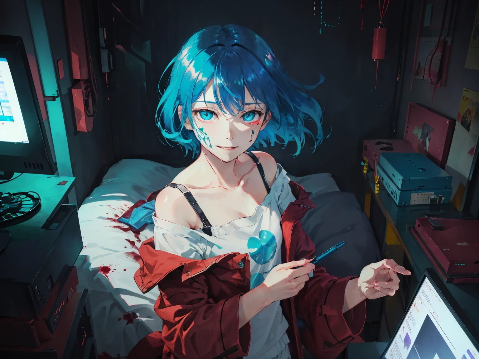 (a cool girl, sidebang), very young, crazy, looking at window, photo, anime stylized art, best quality, ultra-detailed, extremely detailed and intricate face, adorable, shiny hair, short hair, upper hands,( in a girl's room:1.2), ambitious, floating pens, modern style, aqua hair, floating bed, floating hair, wallpaper, 16K HDR, wind blow, upper body, pajamas, off shoulder, from above, <lora:epiNoiseoffset_v2:0.85>, collarbone, (glowing computer screen), blurry, fantasy, dim lighting, night, blood on face, from back, looking back, scar over skin, demon biting, evil smile, <lora:yoneyamaMaiStyle_yoneyamaMaiV2Locon:0.3>, dark, cyberpunk