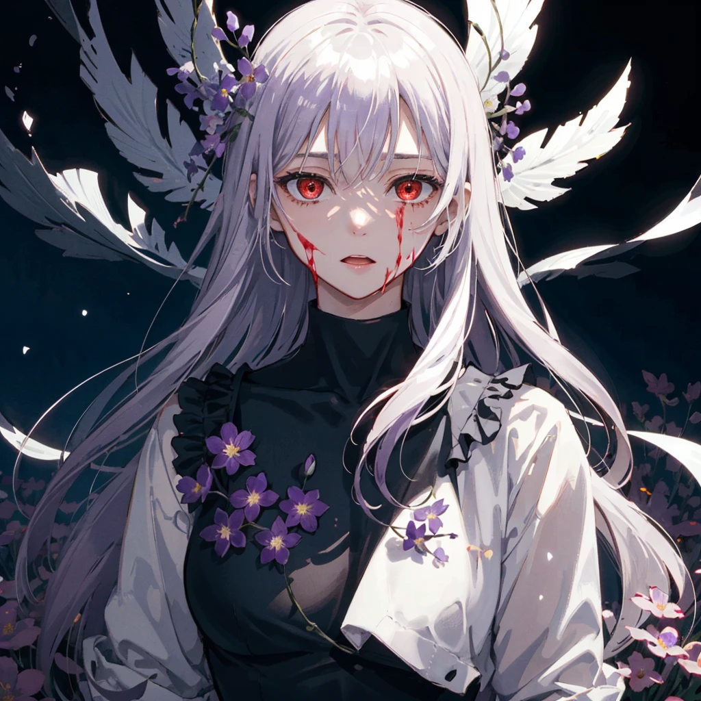 a young woman standing in a field of purple flowers with silver shiny hair, glowing bloody red eyes ,<lora:yoneyamaMaiStyle_yoneyamaMaiV2Locon:0.2>, <lora:epiNoiseoffset_v2:0.7>, crazy face, eyes rolling