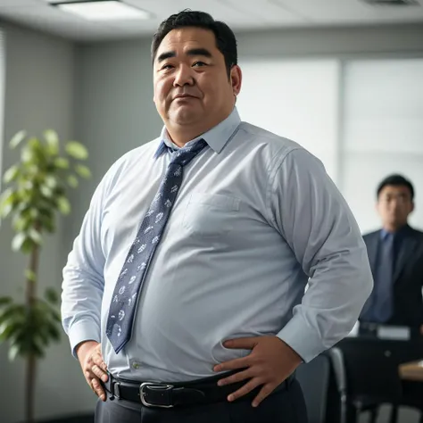 mid bear,solo, looking at viewer, shirt, black hair, long sleeves, 1boy, closed mouth, white shirt, male focus, necktie, collared shirt, belt, pants, indoors, blurry, dress shirt, blurry background, facial hair, black pants, black necktie, black belt, realistic, fat, fat man, office, salaryman,<lora:ä¸å¹´èç-000007:0.8>,