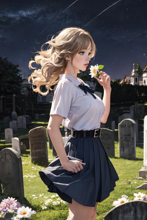  Teen, mini skirt, neckline, torn clothes, Revealing clothing, tanga visible, sexy, amazed, chased by zombies, in the background a gloomy cemetery, grey eyes, blond hair