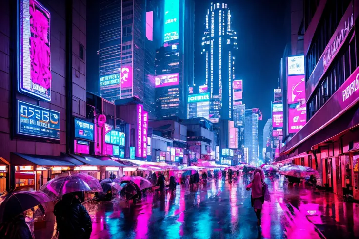 RAW photo of 1girl pink hair, short pixie haircut, aircraft, building, city, cityscape, crowd, cyberpunk, neostyle, night, outdoors, rain, road sign, skyscraper<lora:style:.8>