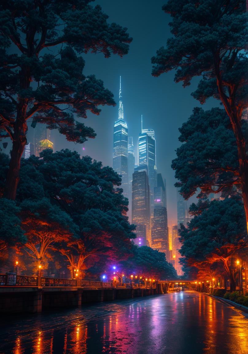 A view of a city at night with a river running through it - SeaArt AI