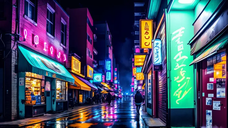 neostyle,cityscape,scenery, cyberpunk street, graffiti on walls, neon lights, neon ads, shop signs, shopwindows, wet asphalt, gritty asphalt, trash, nightime, foggy ambient, smogn <lora:add_detail:0.3> <lora:style:0.7>