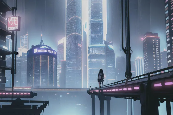 RAW photo of 1girl spiky blue hair, spiky haircut, scooter, building, city, skywalk, bridge, cityscape, crowd, cyberpunk, neostyle, night, outdoors, rain, road sign, skyscraper<lora:style:.8>