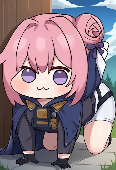 score_9, score_8_up, score_7_up, score_6_up,
BREAK
source_anime,
BREAK
<lora:Doro_X_PDXL_V1:0.9>, doro, creature, chibi, pink hair, purple eyes, hair bun, hair bow, four legs, solid circle eyes, no pupils, no humans, white skin,
looking at viewer, ;3, all fours,
BREAK
<lora:d-nikke-richy-v1_pdxl:0.8>, ddef, ooded cloak, grey shorts, tactical clothes, gloves, long sleeves, belt,
BREAK
<lora:darkstyle:0.8>, neodark
