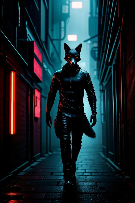 (masterpiece, best quality, hyper detailed), full body, men, (head fox), cyberpunk, hacker, neon lights:1.1, dark alleyway, neostyle, ray tracing,<lora:neostyle.d4l2:0.8>