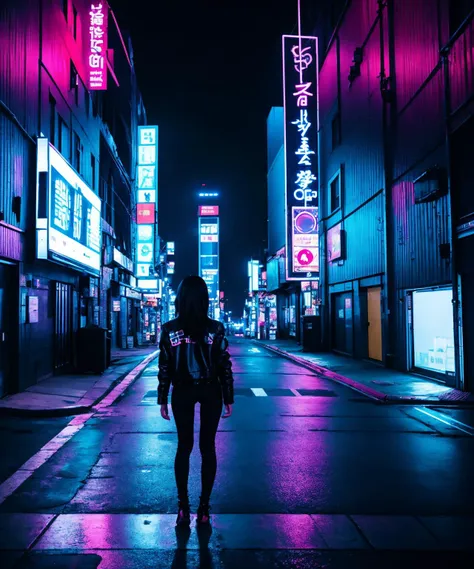 RAW photo of 1girl black hair, building, city, city lights, cityscape, cloud, dark, from behind, jacket, neon lights, neostyle, night, road, scenery, sign, table<lora:style:.8>