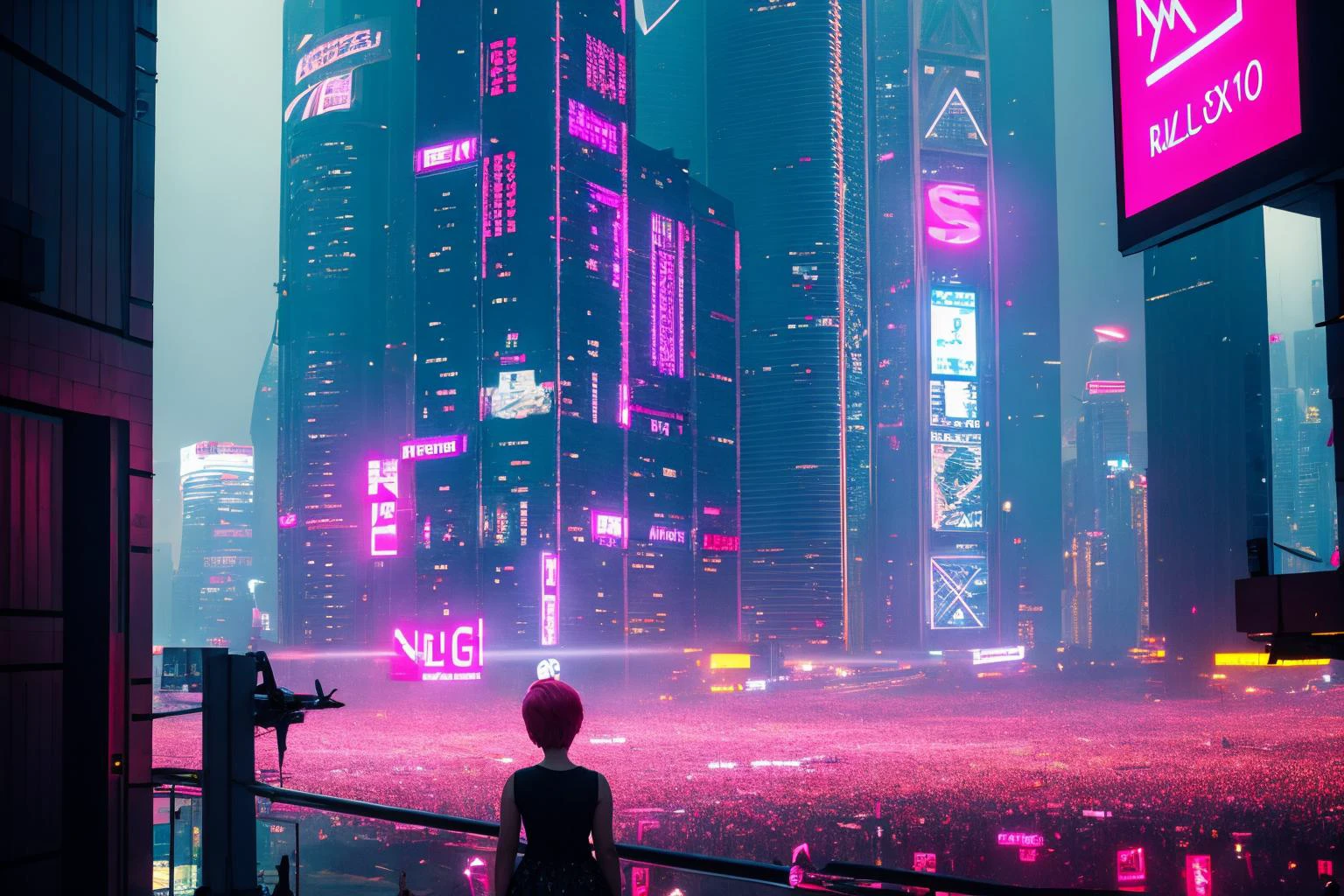 RAW photo of 1girl pink hair, short pixie haircut, aircraft, building, city, cityscape, crowd, cyberpunk, neostyle, night, outdoors, rain, road sign, skyscraper<lora:style:.8>