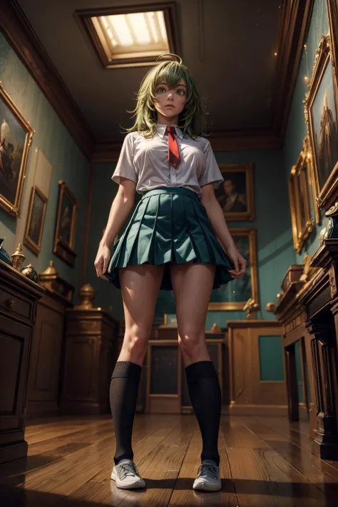 (ultra realistic,32k, masterpiece:1.2),(high detailed skin:1.1),( high quality:1.1), 
<lora:hagakure_tooru:0.7>hagakure tooru,(green eyes:0.8),multicolored hair,long hair,ahoge,bangs,school uniform,red necktie,collared shirt,short sleeves,green skirt,(socks:1.2),(black socks:1.1), , <lora:add_detail:0.93>,huge breast, (looking at viewer, standing, from below:1.1),, upper body,
,(moody lighting:1.1),  alien artifact museum, ancient relics, extraterrestrial history, enigmatic artifacts light particles, blurry