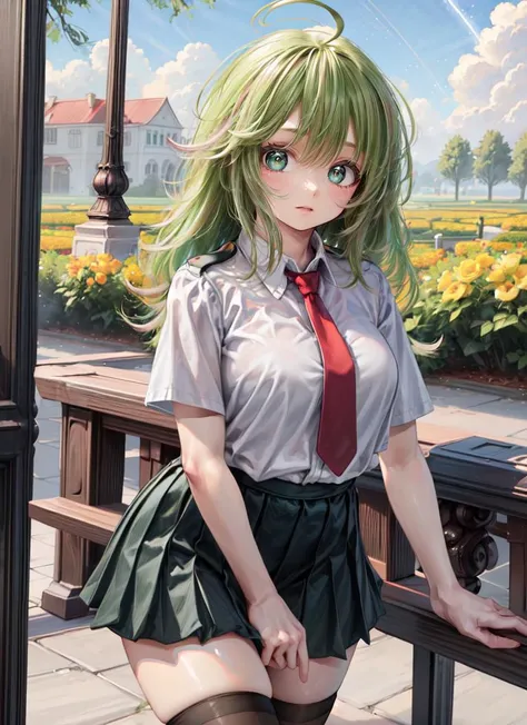 Volume hair, soft hair, emerald green hair and pink inner color, wavy hair, gradation hair, green hair, side braids, wavy hair, two side up, cloud hair, emerald green eyes, high school girl, Cheerful and active, blonde clip, loose socks, plaid skirt, holding smartphone, on the street, (best) quality, 4K, 8K, high resolution, masterpiece: 1.2), ultra-definition, bright colors, soft lighting