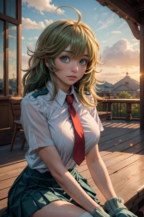 (ultra realistic,32k, masterpiece:1.2),(high detailed skin:1.1),( high quality:1.1), 
<lora:hagakure_tooru:0.7>hagakure tooru,(green eyes:0.8),multicolored hair,long hair,ahoge,bangs,school uniform,red necktie,collared shirt,short sleeves,green skirt,(socks:1.2),(black socks:1.1), , <lora:add_detail:0.92>,huge breast, (looking at viewer, Bend forward:1.1),, upper body,
,(glow in the dark:1.1),  sunset, glowing sky, fading light, serene light particles, blurry