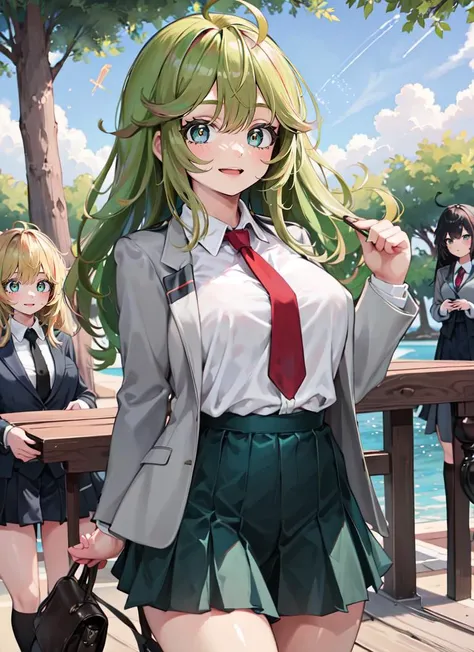 ((best quality)), ((highly detailed)), masterpiece, extremely detailed face, beautiful face, (detailed eyes, deep eyes), (1girl), cowboy shot, hagakure_tooru, short aqua hair, aqua eyes, white shirt, collared shirt, red necktie, grey blazer, BREAK,
dark green pleated mini skirt, black socks, u.a. school uniform, smiling, outside