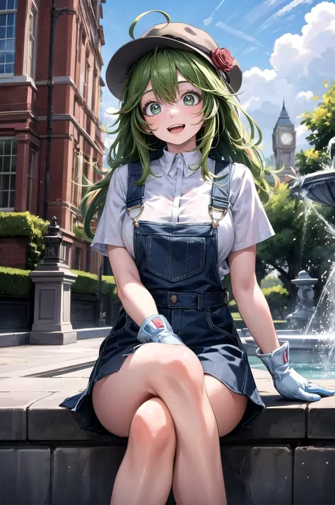 (masterpiece, best quality, detailed), 1girl, solo, looking at viewer, hagakure tooru, green eyes, multicolored hair, long hair, ahoge, bangs, large breasts,
overalls, short sleeves, white gloves, cabbie hat, white shirt, town, building, flower, victorian, rose, outdoors, london, fountain, sitting, crossed legs, smile, open mouth