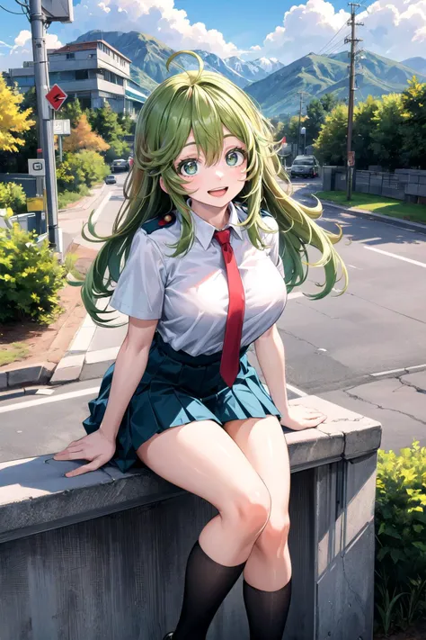 (masterpiece, best quality, detailed), 1girl, solo, looking at viewer, hagakure tooru, green eyes, multicolored hair, long hair, ahoge, bangs, large breasts, school uniform, red necktie, collared shirt, short sleeves, green skirt, (socks:1.2), (black socks:1.1),
road, utility pole, guard rail, road sign, power lines, hill, railing, scenery, outdoors, mountainous horizon, landscape, leaning forward, hanging breasts, open mouth, smile, happy