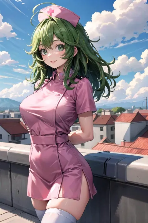 (masterpiece, best quality, detailed), 1girl, solo, looking at viewer, hagakure tooru, green eyes, multicolored hair, long hair, ahoge, bangs, large breasts,
nurse, nurse uniform, white thighhighs, nurse cap, pink dress, outdoors, rooftop, day, cityscape, blue sky, cloud, scenery, railing, arms behind back, seductive smile, smile, parted lips