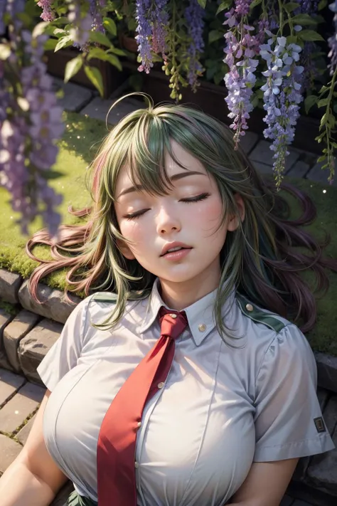 (ultra realistic,32k, masterpiece:1.2),(high detailed skin:1.1),( high quality:1.1),
<lora:hagakure_tooru:0.7>hagakure tooru,(green eyes:0.8),multicolored hair,long hair,ahoge,bangs,school uniform,red necktie,collared shirt,short sleeves,green skirt,(socks:1.2),(black socks:1.1), , <lora:add_detail:0.98>,huge breast, (closed eyes, lying, from above:1.2), (close up:0.9),, upper body,
,(iridescence:1.1), standing on the vibrant pink blooms of Japan's Kawachi Fuji Garden, forming enchanting tunnels of wisteria flowers light particles, blurry