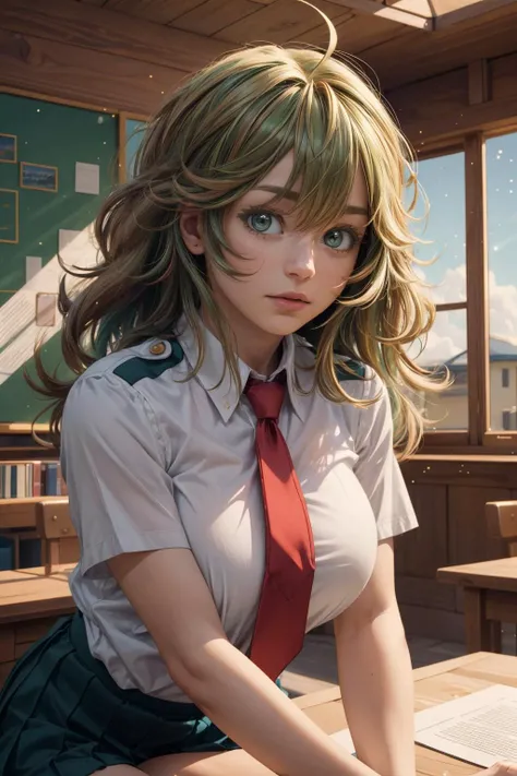 (ultra realistic,32k, masterpiece:1.2),(high detailed skin:1.1),( high quality:1.1),
<lora:hagakure_tooru:0.7>hagakure tooru,(green eyes:0.8),multicolored hair,long hair,ahoge,bangs,school uniform,red necktie,collared shirt,short sleeves,green skirt,(socks:1.2),(black socks:1.1), , <lora:add_detail:0.81>,huge breast, (looking at viewer, standing, from above:1.1),, upper body,
,(dynamic lighting:1.1), cybernetic laboratory, robotic assistants, advanced prosthetics, cutting-edge experiments light particles, blurry