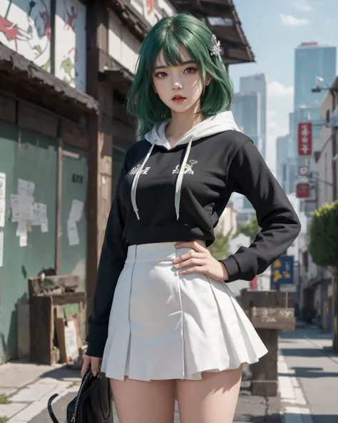 best quality high quality,
1girl,solo,breasts, raidenshogun2nd,hoodie,
outdoors,street,
<lora:RaidenShogun2ndV1:0.6>,hand on hip, miniskirt
outdoors, green hair, white corset, black skirt,