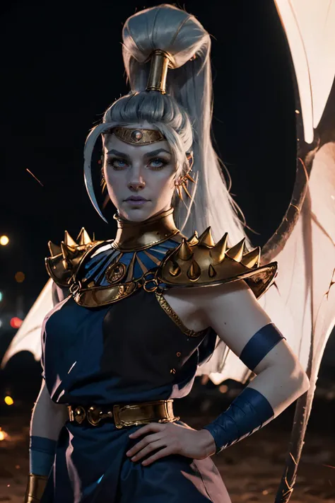 (masterpiece, high quality, best quality:1.2), highly detailed <lora:megaera:0.9> megaera, 1girl, solo, ponytail, hands on hips, (blue skin:1.4), (small breasts), ear piercing, (single wing), gorget, greek clothes, outdoors, cowboy shot, action shot, bokeh, sharp focus, looking at viewer, light particles,  hdr, colorful, volumetric lighting, serious look, holding whip, (hellscape background, darkness, poorly lit, nighttime:1.1)