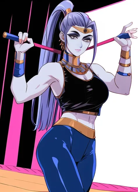 megaera (hades), masterpiece, best quality, cowboy shot, 1girl, solo, toned, tank top, leggings, park, yoga mat,