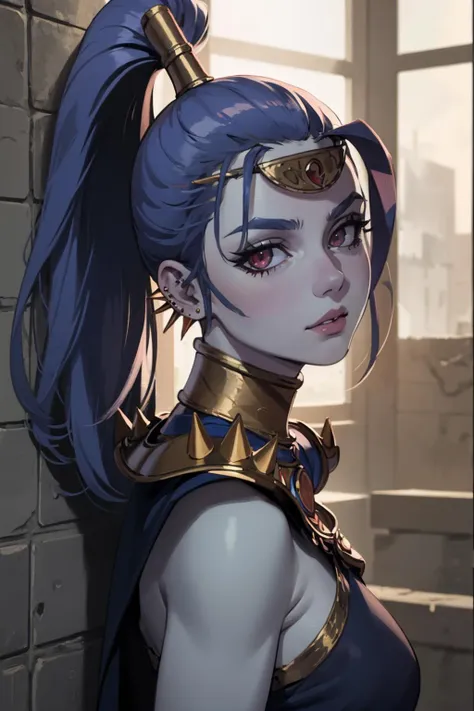 (masterpiece, best quality:1.2), <lora:ntrman:0.95>, ntrman, 1girl, solo, looking at viewer, breasts, <lora:megaera:0.95> megaera, ponytail, colored skin, piercing, ear piercing, blue skin, gorget, greek clothes