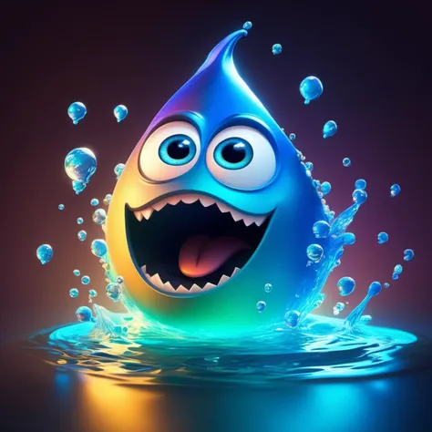 waterart, water, blurry, depth of field,<lora:waterart:1>, cartoon monster, cute, big eyes, big mouth, art by gediminas pranckevicius and Alexander Jansson, pixar, centered, dramatic lighting, glowing light, simple solid background, no background, detailed face, cinematic, illustration, no gradient, trending on a
