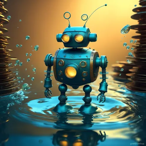 waterart, water, blurry, depth of field,<lora:waterart:1>, steampunk robot happy Funny cartoonish, by Gediminas Pranckevicius