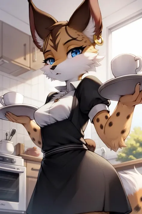 by kenket, Ross Tran, ruan jia, zaush, foxovh, by Zackary911, by hyattlen, by teranen, by fumiko, by Pixelsketcher, by Bayard Wu, by Thomas Benjamin Kennington, by Einshelm, by Kilinah, by Coffeesoda, by Hioshiru, by fluff-kevlar, by r-mk, by Dimwitdog, Furry, leafeon, Anthro, Female, (half-closed eyes), (orange eyes), (medium breasts, hips), (maid dress, Fishnet stockings, maid wristband)