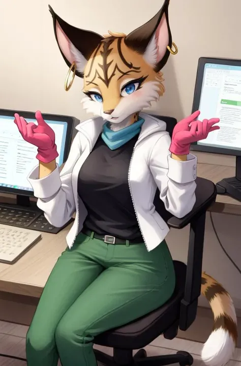 (anthro furry:1.2), MiyuCzar, female, lynx, (brown fluffy fur, lynx ears, tail, blue eyes, small breasts, gold hoop ear ring), (green pants, grey jacket, brown gloves, pink shirt), (sitting, desk, desk chair, computer, monitor, keyboard, computer mouse), (masterpiece:1.2), hires, ultra-high resolution, 8K, high quality, (sharp focus:1.2), clean, crisp, cinematic, <lora:Miyu-12:1>